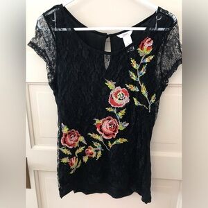 Candie's Black Lace Top with Floral Embroidery